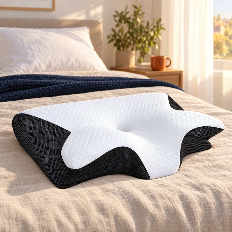 Almohada cervical ergonómica sobre una cama hecha con luz de mañana (ilustración del producto real)