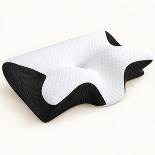 Almohada cervical ergonómica vista en perfil sobre fondo claro (ilustración del producto real)