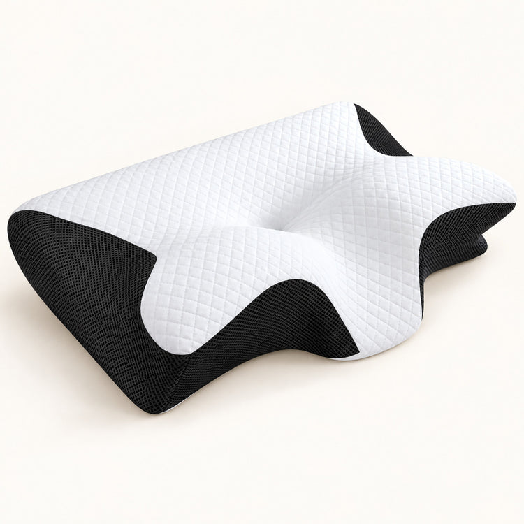 Almohada cervical ergonómica vista en perfil sobre fondo claro (ilustración del producto real)