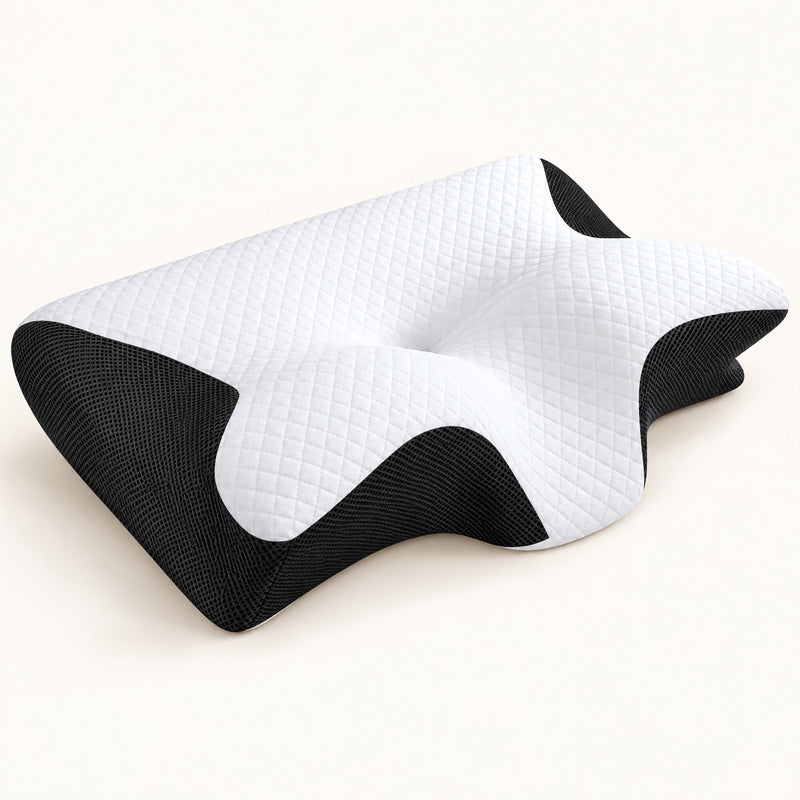 Almohada cervical ergonómica vista en perfil sobre fondo claro (ilustración del producto real)