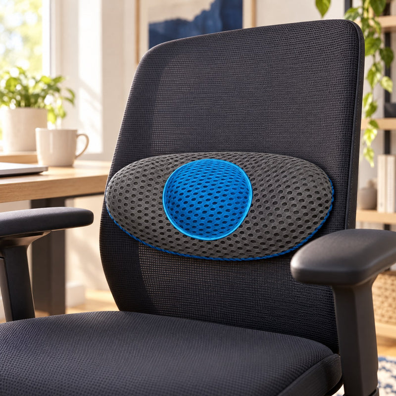 Cojín lumbar ergonómico colocado en el respaldo de una silla de oficina (ilustración del producto real)