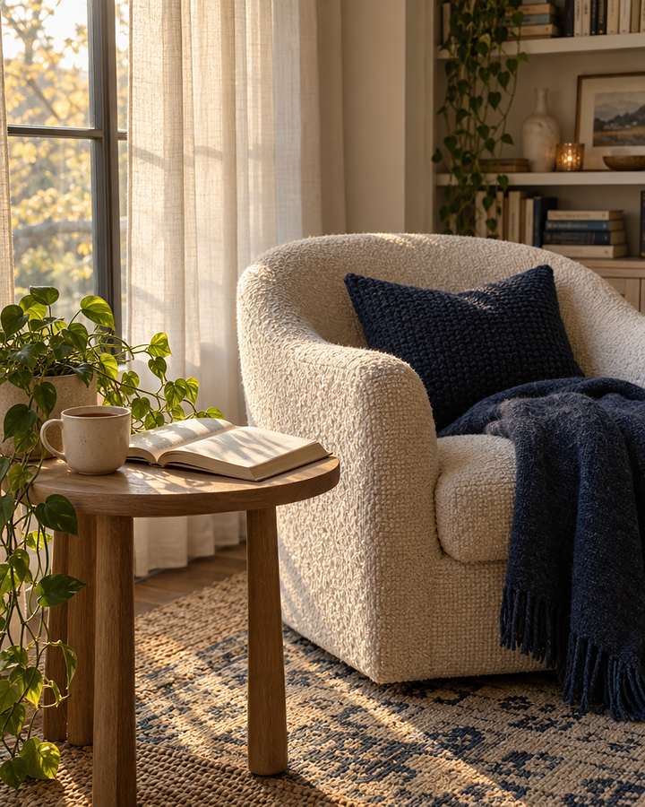 Rincón de lectura con sillón, manta y una taza de té