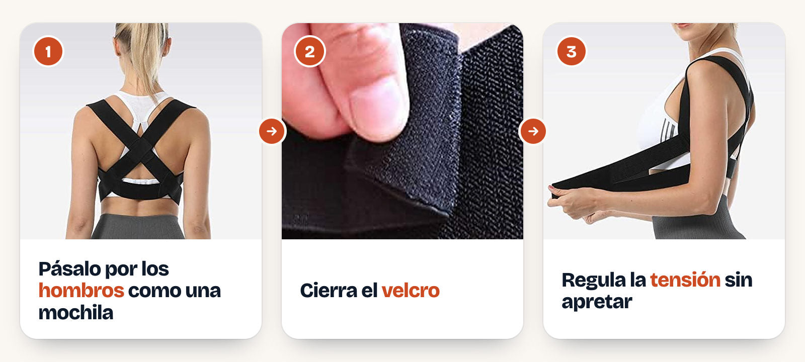 Cómo ponértelo en 3 pasos: pásalo por los hombros como una mochila, cierra el velcro y regula la tensión sin apretar